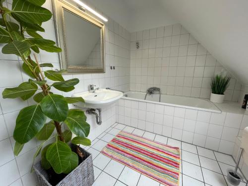 ein Badezimmer mit einem Waschbecken, einer Badewanne und einer Pflanze in der Unterkunft 2 Zimmer Appartement in Borgholzhausen