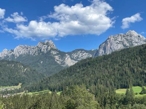 a view of a mountain range with trees at Stoabergblick in Lofer