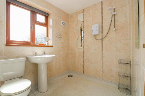a bathroom with a shower and a toilet and a sink at Manege Cottage in Chacewater