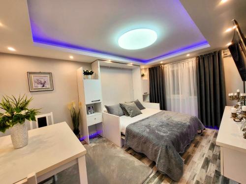 a bedroom with a bed and a purple ceiling at Studio DeLux in Giurgiu