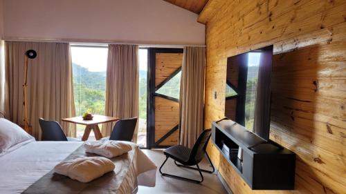 een slaapkamer met een bed, een tv en een raam bij Hotel Pico 16 in Monte Verde
