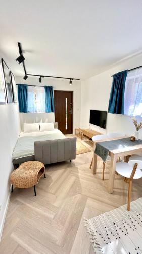 a bedroom with a bed and a couch and a table at Apartament 21 (1) in Szczyrk