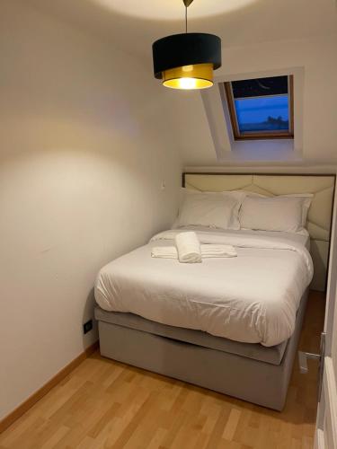 イシー・レ・ムリノーにあるAPPARTEMENT AVEC VUE SUR LA TOUR EIIFELの窓のある白いベッドのある寝室