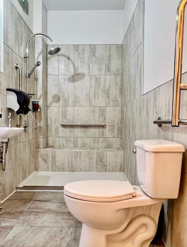 a bathroom with a toilet and a shower at Auberge Le St-Alexis in La Baie