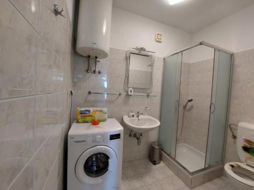 米利尼的住宿－Apartments with a parking space Plat, Dubrovnik - 4776，一间带洗衣机和水槽的浴室