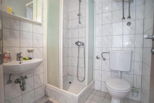 a bathroom with a toilet and a shower and a sink at Apartment Sumpetar 2808b in Sumpetar