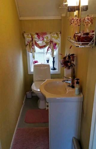 a bathroom with a sink and a toilet and a window at Nahlboms in Sandefjord