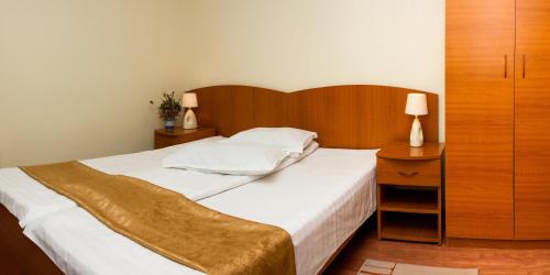 a bedroom with a large bed with a wooden headboard at Hotel Riviera in Sinaia