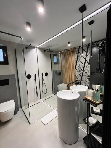 a bathroom with two sinks and a shower and two toilets at Garden Retreat Junior in Bran