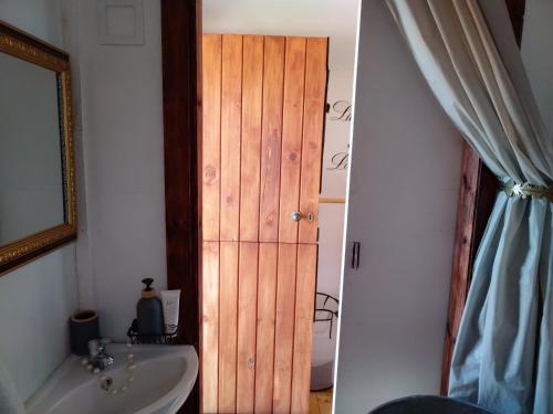 a bathroom with a wooden door and a sink at Jamais le même in Kakamas