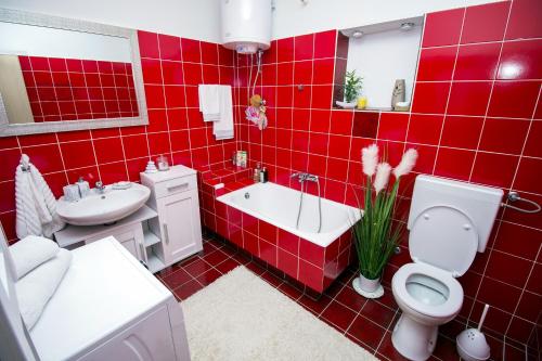 a red tiled bathroom with a toilet and a sink at Apartments with a parking space Duce, Omis - 4663 in Duće