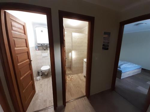 TolcsvaにあるSzilvaliget Vendégházのバスルーム(シャワー、トイレ付)、ドアが備わります。