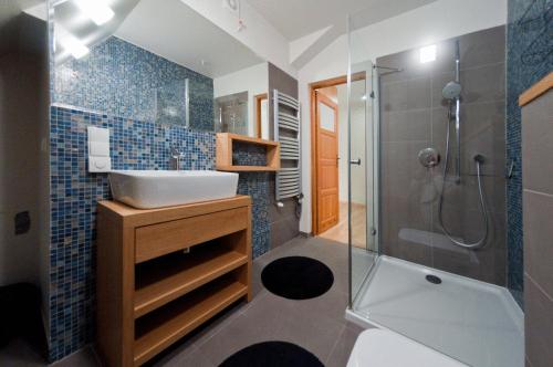 La salle de bains est pourvue d'un lavabo et d'une douche. dans l'établissement Apartments Zakopane Center, à Zakopane