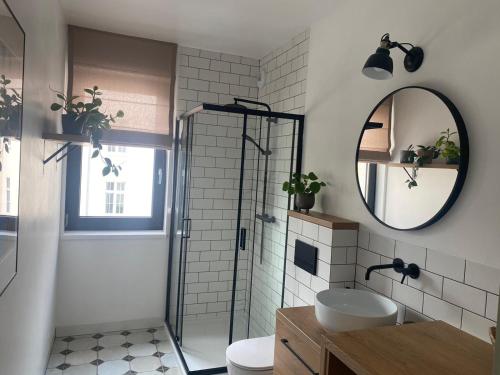 a bathroom with a shower and a sink and a mirror at Nice to sleep You in Toruń