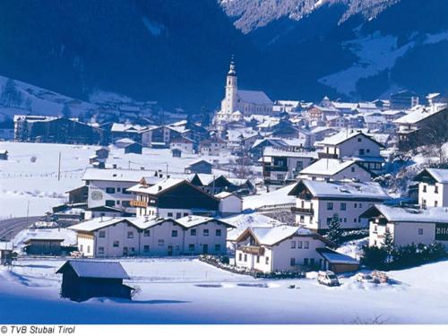 a town with snow covered buildings and a mountain at Apartment in Neustift near Ski Lift in Neustift im Stubaital