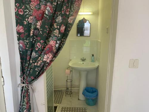 baño con lavabo y cortina de ducha en Chambres d'hotes La Chaumiere, en Coulonges