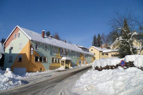 una calle cubierta de nieve en un pueblo con casas en Landgasthof Grüner Baum, en Regnitzlosau