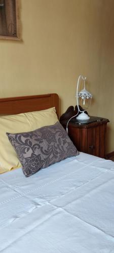 Una cama con una almohada gris y una lámpara sobre una mesa en IL TORRINO, en Golasecca