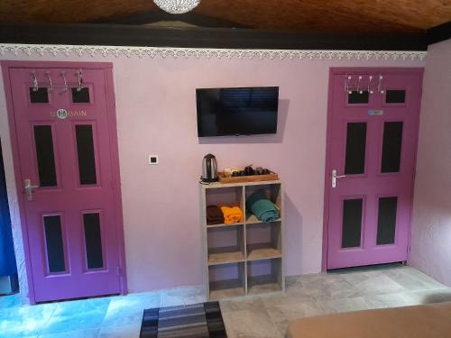two pink doors in a room with a tv at Gite LA CASCADE BLANCHE in Salazie