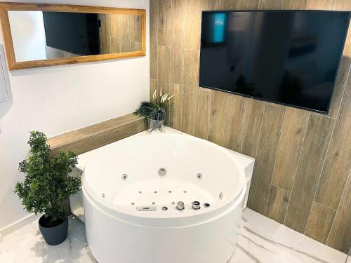 uma grande banheira branca numa casa de banho com uma televisão em CORDOBA BOUTIQUE vv em Córdoba