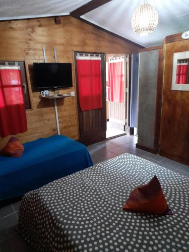 a bedroom with a bed and a flat screen tv at Gite LA CASCADE BLANCHE in Salazie