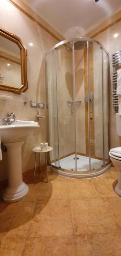 a bathroom with a shower and a sink and a toilet at Locanda Ca' del Brocchi in Venice