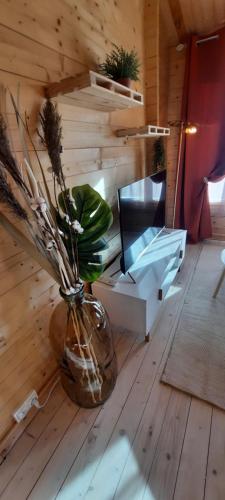 a vase with flowers in a room with a fireplace at Chalet 1 chambre 2-4 personnes in Villainville