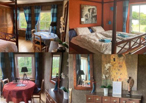 un collage de fotos de un dormitorio con cama y mesa en Le Papillon d'or en Arlon