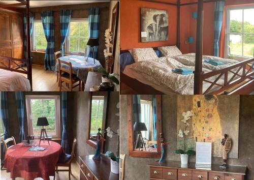 a collage of pictures of a bedroom with a bed and a table at Le Papillon d'Or in Arlon