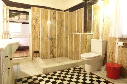 a bathroom with a shower and a toilet and a sink at Nisanyan Hotel in Selcuk