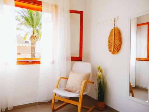 una silla en una habitación con una palmera en Casa Ilda (Gran Alacant), en Gran Alacant