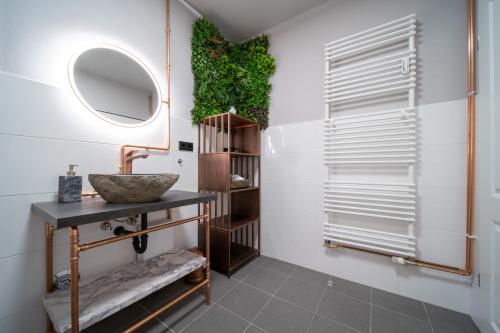 La Bodega - Designer Apartment an der Alster في هامبورغ: حمام مع حوض ومرآة