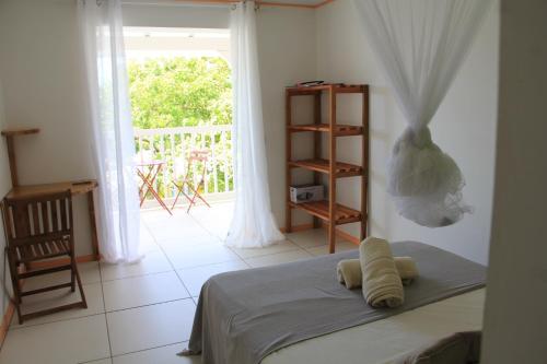 a bedroom with a bed and a large window at Villa Kajou in Sainte-Anne
