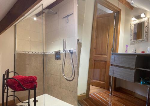 y baño con ducha y puerta de cristal. en Le Papillon d'or en Arlon