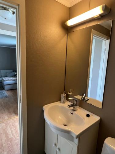 uma casa de banho com um lavatório e um espelho em Sentralt i Fredrikstad gratis parkering em Fredrikstad