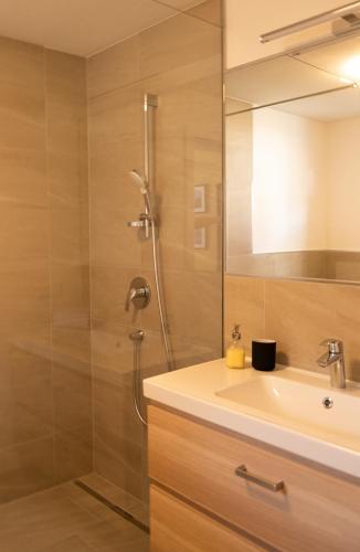 a bathroom with a shower and a sink at Berg Lodge Gastein in Bad Hofgastein