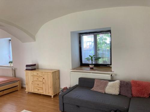 a living room with a couch and a window at Příjemný apartmán se zahradou in Ostřešany
