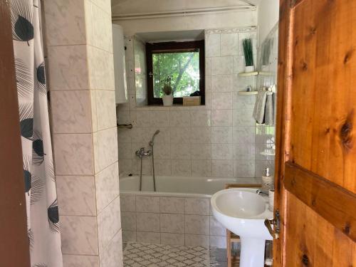 uma casa de banho com um lavatório e uma banheira em Příjemný apartmán se zahradou em Ostřešany