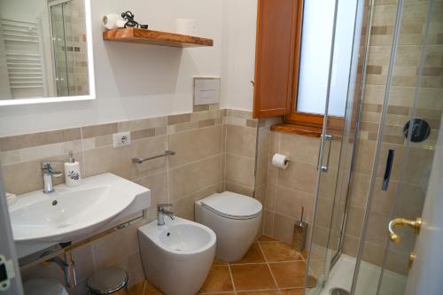 ein Bad mit einem WC, einem Waschbecken und einer Dusche in der Unterkunft Il Casale del Barone in San Giovanni a Piro