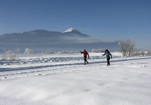 two people walking in the snow with a mountain in the background at Hotel Marko in Nötsch