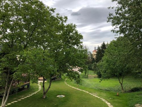 a path through a park with trees and grass at Na Tałandy in Szczebrzeszyn