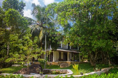 a house with palm trees in front of it at Lush Green Villa in Talpe