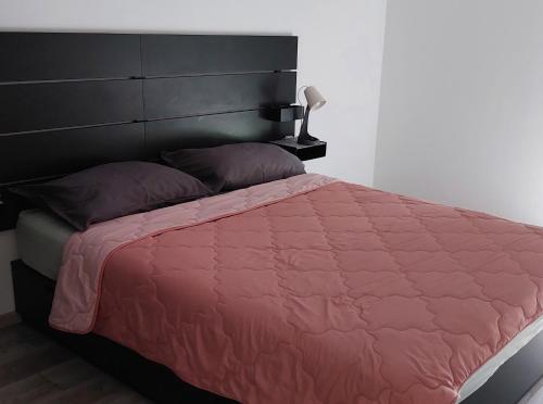 - une chambre avec un grand lit et une tête de lit noire dans l'établissement Apartament in complex rezidential cu parcare., à Timişoara