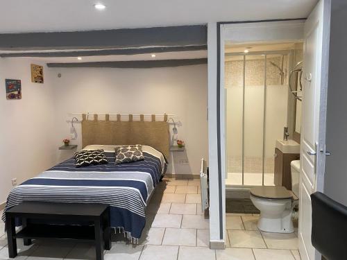 1 dormitorio con cama, ducha y aseo en La Dolce Vita climatisation animal interdit en Bargemon
