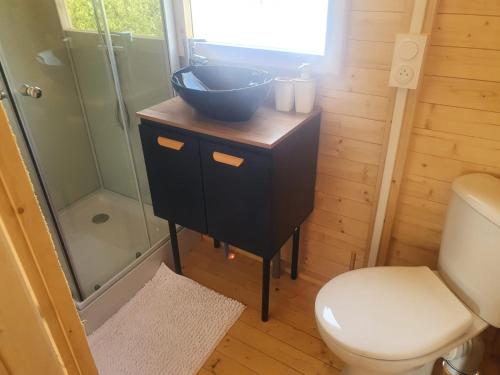 a bathroom with a sink and a toilet and a bowl at La roul'hôte dépote in Monbéqui