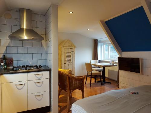 a kitchen with a sink and a stove in a room at Prins Appartementen in Egmond aan Zee