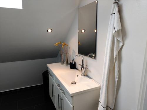 a bathroom with a sink and a mirror at Værelser i midtbyen in Herning