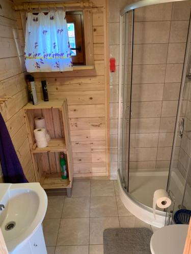a bathroom with a shower and a sink and a tub at Domki u Wiesi in Giżycko