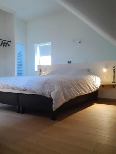 een slaapkamer met een groot bed in een witte kamer bij Au pousseux d'église 