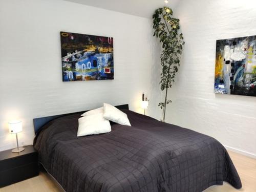 1 dormitorio con 1 cama con 2 lámparas y una planta en Værelser i midtbyen - 117 m2 apartment, en Herning